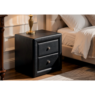 Sunvega Upholstered Black Leather Look Nightstand with Two Storage Drawers
