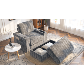Sunvega Faux Rabbit Fur Sofa Bed with Storage Ottoman Cup Holders and Armrests