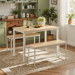 Sunvega Industrial Natural and White Dining Table Set with 2 Benches for Kitchen