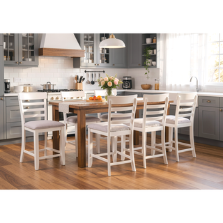 Sunvega Acacia Wood Counter Bench with Cream Linen Cover and 300 lb Capacity