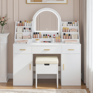 Sunvega Makeup Vanity with Sliding Mirror, LED Lights, Storage Stool, and Charging Station