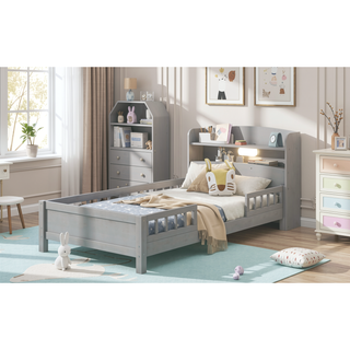 Sunvega Antique Grey Twin Size Wood Platform Bed with Storage Headboard and LED Light