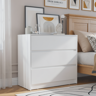 Sunvega 3 Drawer White Chest with Metal Rails for Bedroom Storage