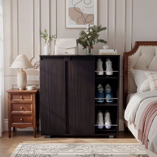 Sunvega Shoe Storage Cabinet with 8 Enclosed and 3 Open Side Shelves Wenge