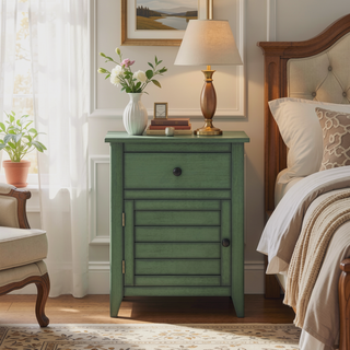 Sunvega Antique Green Veneer Nightstand with Storage Drawer and Cabinet for Bedroom
