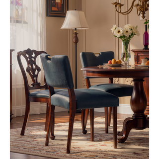Sunvega Midnight Blue Faux Leather Dining Chair Set with Walnut Frame and Gold Handle