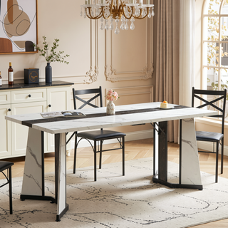 Sunvega White Marble Grain Waterproof Large Dining Table with Adjustable Legs for Kitchen