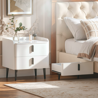 Sunvega Modern Nightstand with 2 Spacious Drawers and Marble-Pattern Tabletop
