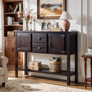 Sunvega Retro Style Solid Pine Wood Sideboard Console Table with 2 Drawers and Cabinets