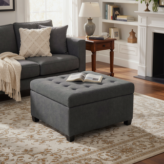 Sunvega Fabric Ottoman with Tufted Waffle Lid and Soft-Closing Hinges for Storage