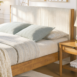 Sunvega Rubberwood Bedroom Set with Queen Upholstered Bed Dresser Mirror Nightstands