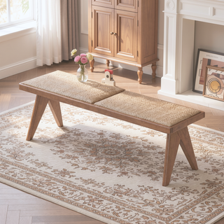 Sunvega Mid-Century Modern Rattan Bench with Natural Finish for Kitchen Dining