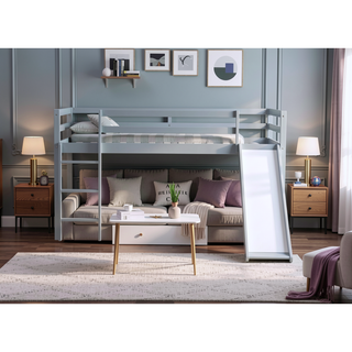 Sunvega Grey Twin Low Loft Bed with Slide, Ladder, and Safety Guardrails