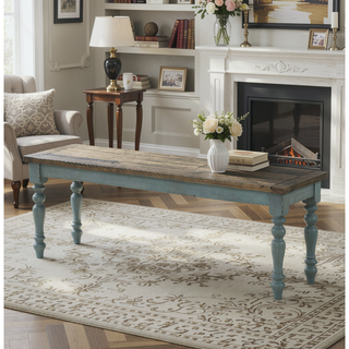 Sunvega Antique Brown and Distressed Blue Upholstered Dining Bench with Turned Legs