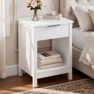 Sunvega White Wooden End Table with Charging Station and 2 Drawers for Bedroom