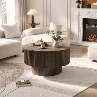 Sunvega MDF Modern Circular Coffee Table with Concealed Storage and Stripe Design