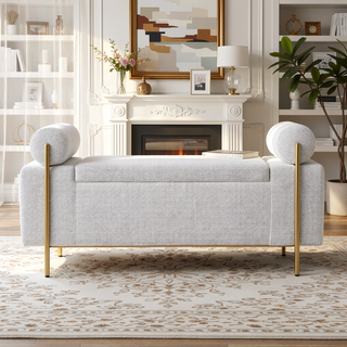 Sunvega Elegant Upholstered Linen Storage Bench with Cylindrical Arms and Iron Legs