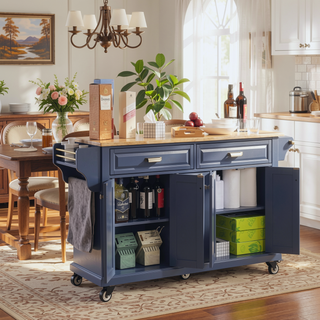 Sunvega Kitchen Cart with Rubber Wood Countertop Storage Cabinet and 2 Drawers
