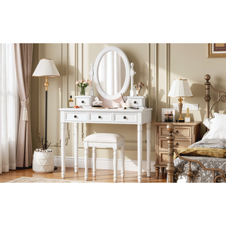 Sunvega Vintage Vanity Desk with Adjustable Mirror, 5 Velvet Drawers, and Cushioned Stool