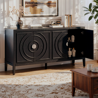 Sunvega Retro Sideboard Door with Circular Groove Design Round Metal Handle for Entrance