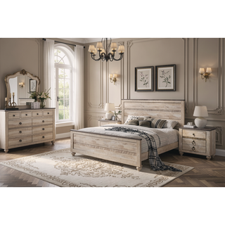 Sunvega White Wash Finish King Bedroom Set with Dresser Mirror Nightstand Chest
