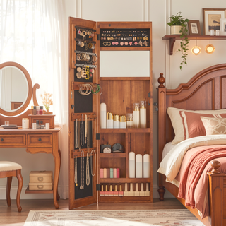 Sunvega Large Capacity Lockable Wall-Mounted Solid Wood Jewelry Armoire with Mirror