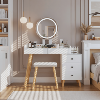 Sunvega Vanity Table with Adjustable Mirror Spacious Drawer and Matching Stool