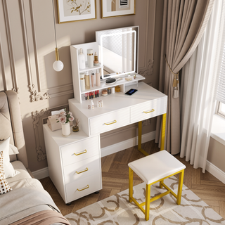Sunvega White Makeup Vanity Table with LED Lights Power Outlet and 2 Drawers