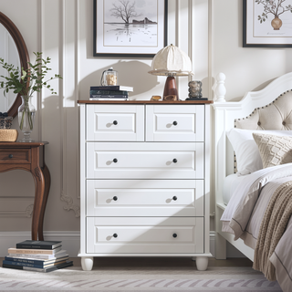 Sunvega White Wood Dresser with 5 Deep Drawers and Wide Tabletop for Bedroom