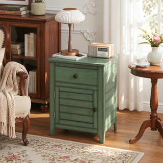 Sunvega Antique Green Veneer Nightstand with Storage Drawer and Cabinet for Bedroom