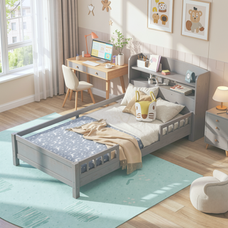 Sunvega Antique Grey Twin Size Wood Platform Bed with Storage Headboard and LED Light