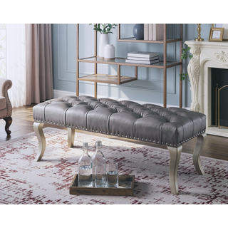 Sunvega Champagne Tufted Fabric Upholstered Bench with Nailhead Trim