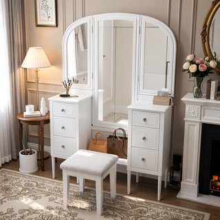 Sunvega Antique White Makeup Vanity Desk with Triple Mirror and 6 Drawers