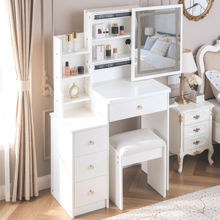 Sunvega Small Size Left Bedside Vanity Table with Cushioned Stool and Touch LED Mirror