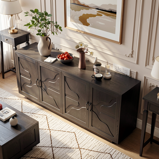 Sunvega Farmhouse Sideboard Buffet Cabinet with XL Storage and Built-In Stemware Rack
