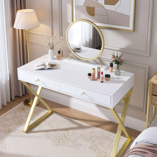 Sunvega White and Gold Vanity Desk with Mirror and Jewelry Storage Tray