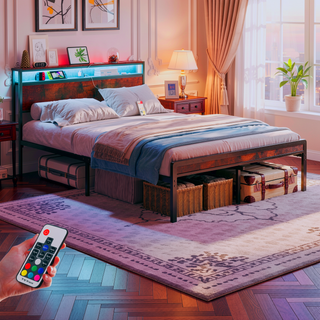 Sunvega Full Size Metal Bed Frame with Headboard and Footboard LED Lighting Black Mattress Foundation