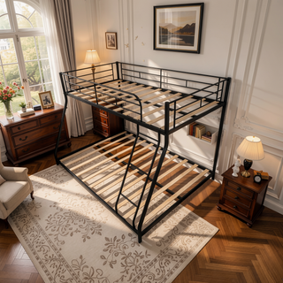 Sunvega Heavy-Duty Sturdy Metal Twin Over Full Bunk Bed with Noise Reduced Wooden Slats