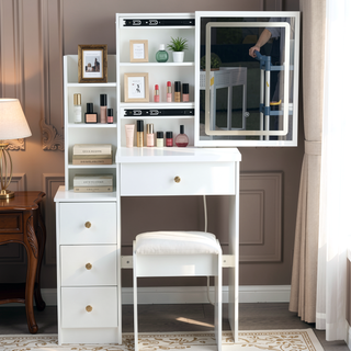 Sunvega Small Space Left Bedside Cabinet Vanity Table with Cushioned Stool and Sliding Mirror