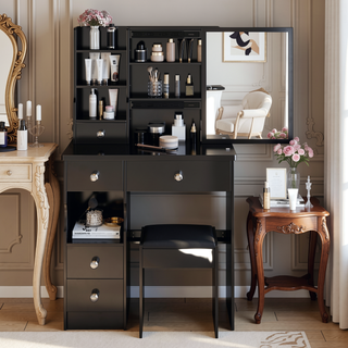 Sunvega Small Size Left Drawer Vanity Table with Cushioned Stool and Sliding Mirror