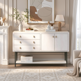 Sunvega Vanilla Oak Veneer Server with Metal Base and Soft-Close Doors