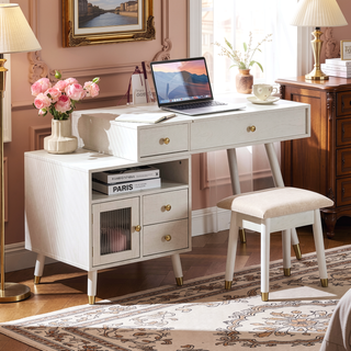 Sunvega White 3-in-1 Vanity Desk with Lighted Flip-Top Mirror and Adjustable Cabinet