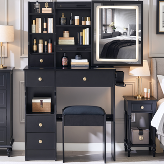 Sunvega Small Size Left Drawer Vanity Table with Adjustable LED Mirror and Stool