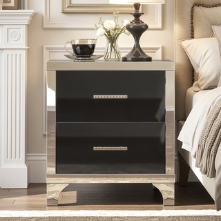 Sunvega High Gloss Mirrored Nightstand with Metal Handle and 2 Drawers for Bedroom