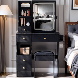 Sunvega Small Size Left Drawer Vanity Table with Adjustable LED Mirror and Stool