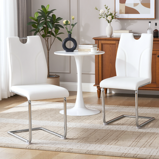 Sunvega White PU Dining Chair Set with Silver Metal Legs and High Resilience Sponge Filling