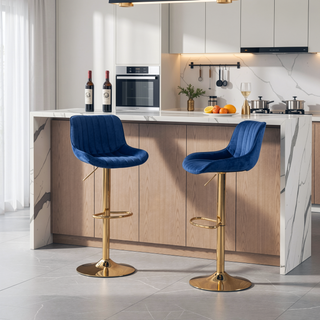 Sunvega Adjustable Velvet Swivel Bar Stool with Chrome Base and Golden Legs, Set of 2