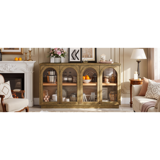 Sunvega Arched Glass Door Storage Buffet Cabinet with Adjustable Shelves for Kitchen Dining Room