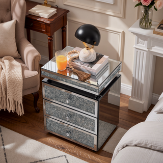 Sunvega Mirrored Nightstand with Crystal Inlay and 3 Spacious Drawers for Bedroom