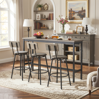 Sunvega Industrial Long Bar Table Set with 3 PU Upholstered Stools for Kitchen